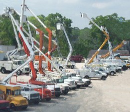 Bucket trucks with their buckets in the air