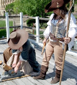 Kate and Trish man the mortar