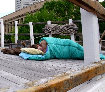 David in a sleeping bag on the Sterncastle
