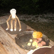 Lob sitting on hat by food