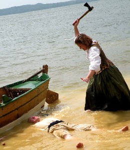 Carol hacks Sam with the hatchet