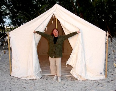Lily Alexander in her tent door
