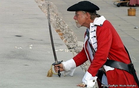 Redcoat Harry posed with his sword defending the fort wall