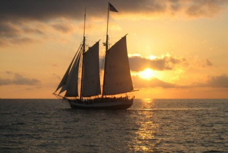Ship passing the sunset