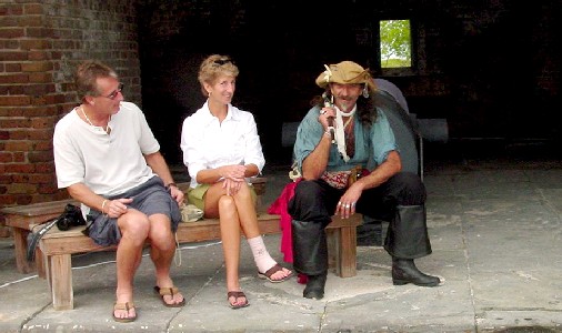 Silverhawk talking to two tourists