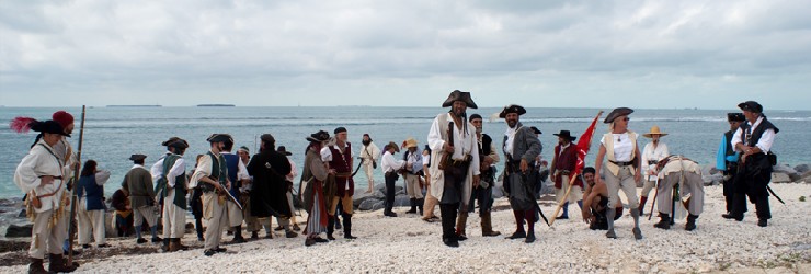 A line of pirates waiting on the shore for battle