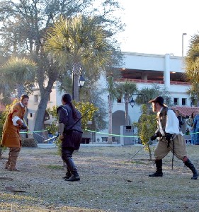 Sword fight with man at the ready