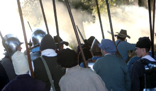 The pikesmen facing a lot of smoke