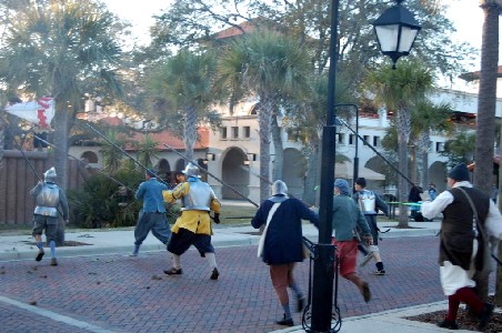 Buccanner pikesmen run across the street